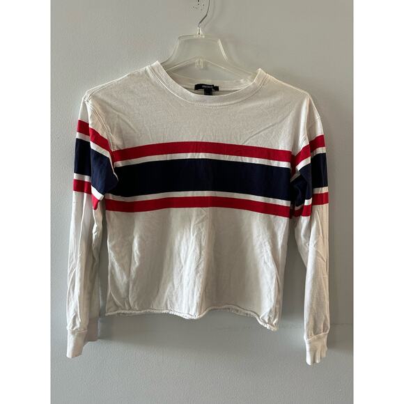 Forever 21 Top Women's Medium White Striped Long Sleeve Cropped Crewneck - Picture 1 of 5